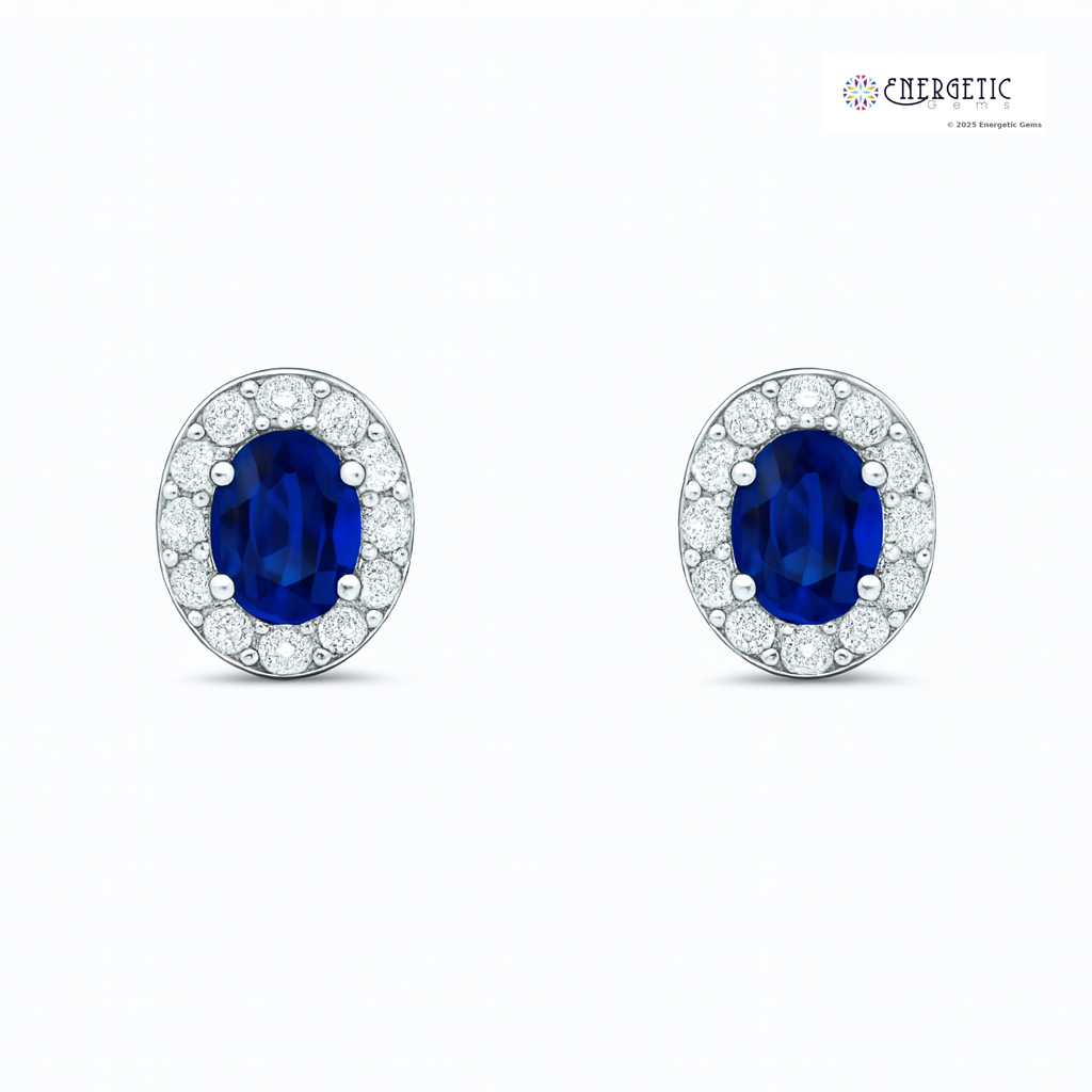 Oval-Cut Blue Sapphire & Diamond Halo Stud Earrings