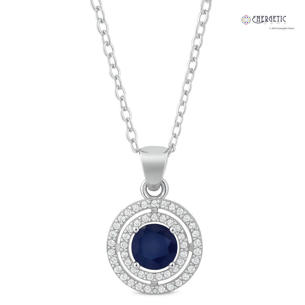 Platinum Blue Sapphire & Diamond Halo Pendant Necklace