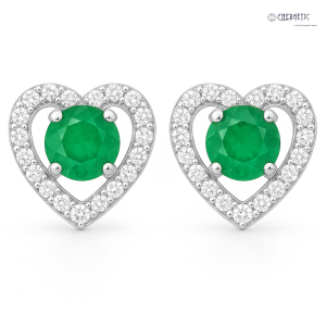 Platinum Emerald Heart Stud Earrings with Diamond Halo