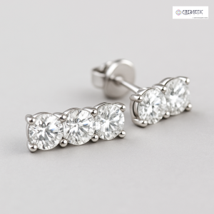 Three Stone Diamond Stud Earrings
