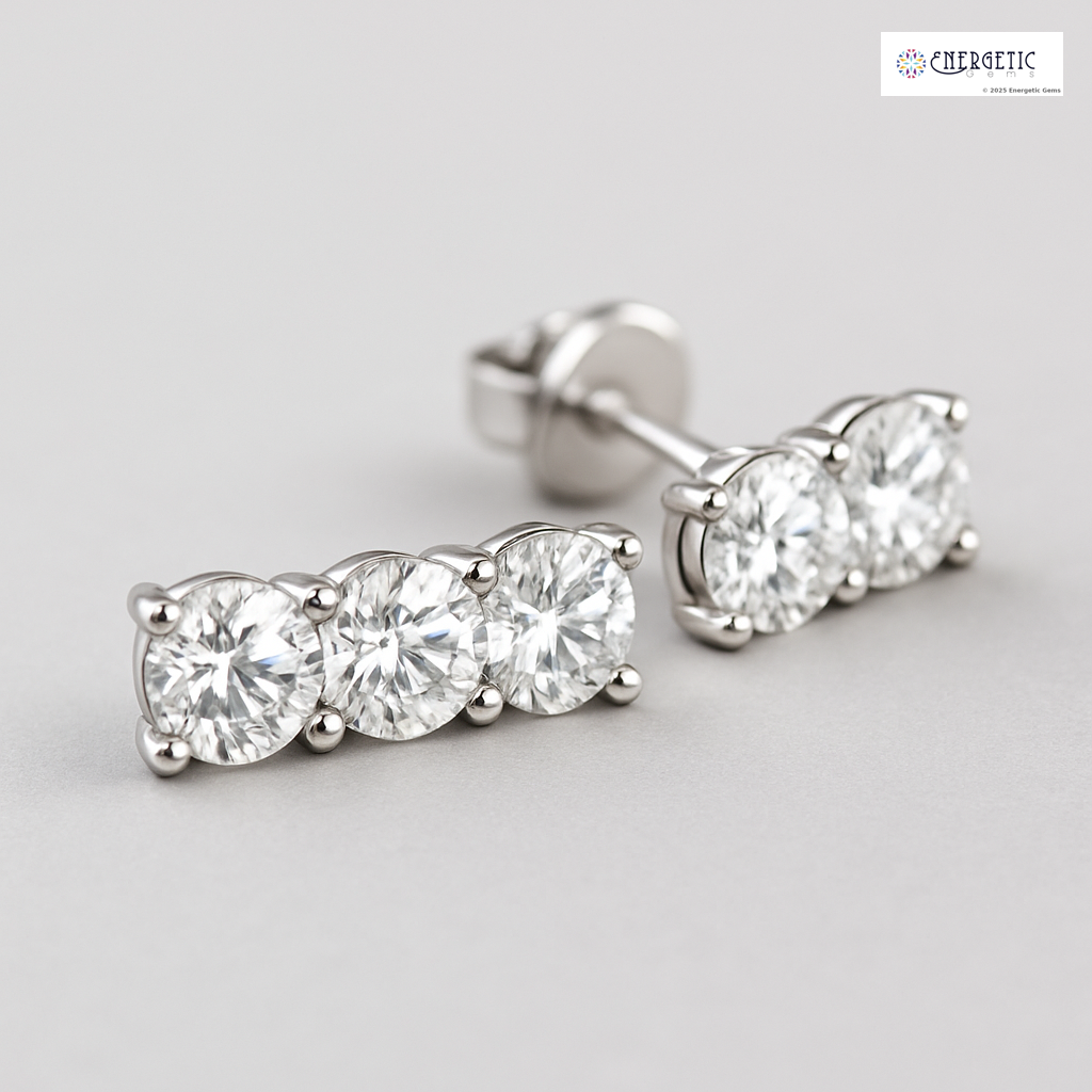 Three Stone Diamond Stud Earrings